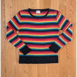 Vintage 90s Rainbow Striped Ribbed Crew Neck Sweater